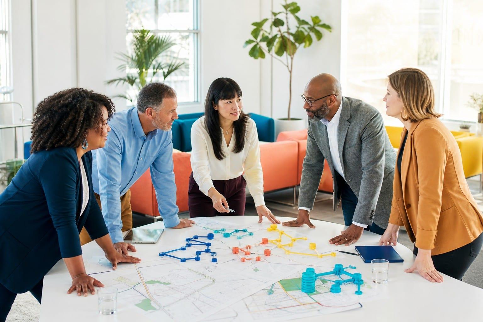 A team mapping out a change plan together around a table