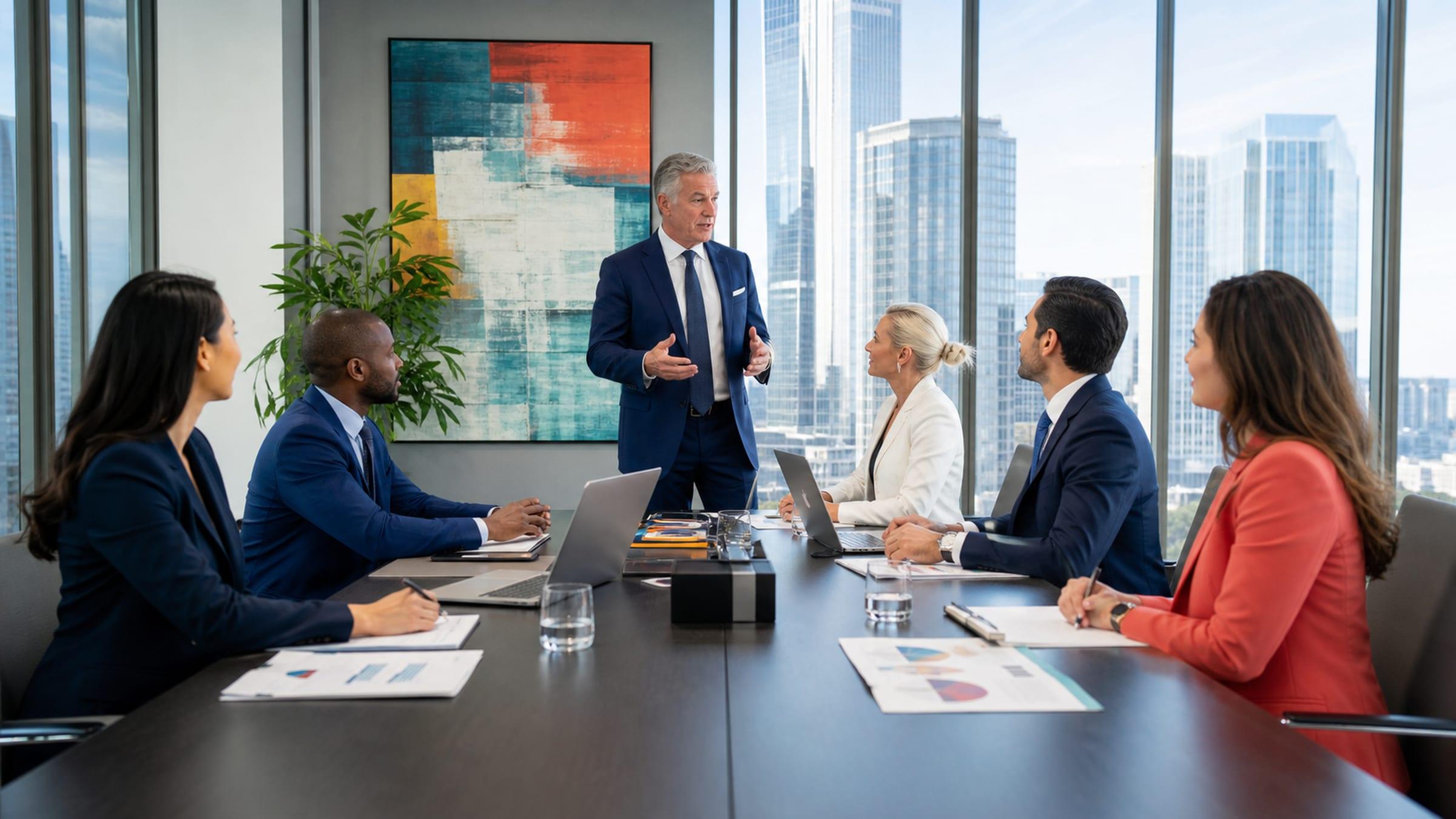 An executive presenting to a team in a glass conference room overlooking a city skyline