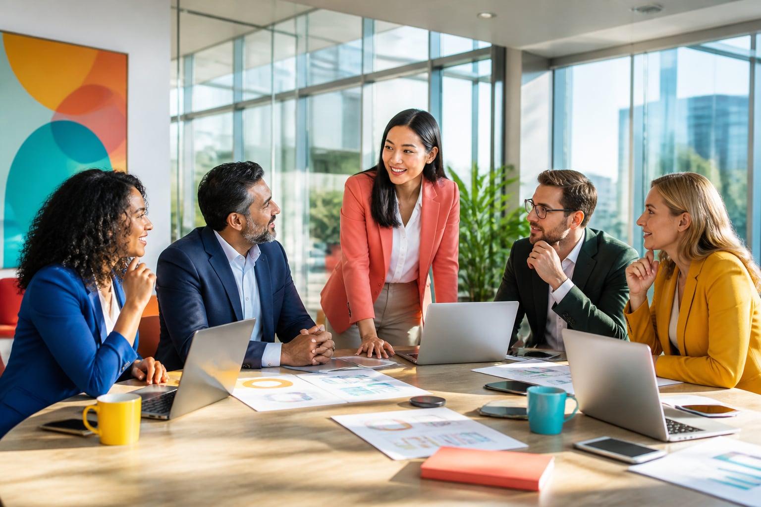 A diverse group of professionals in colorful business attire discussing work around a table