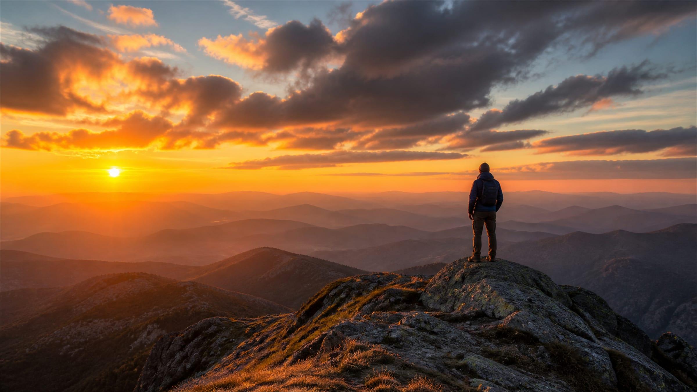 A lone figure standing on a mountain summit at sunrise, looking out over a range of peaks