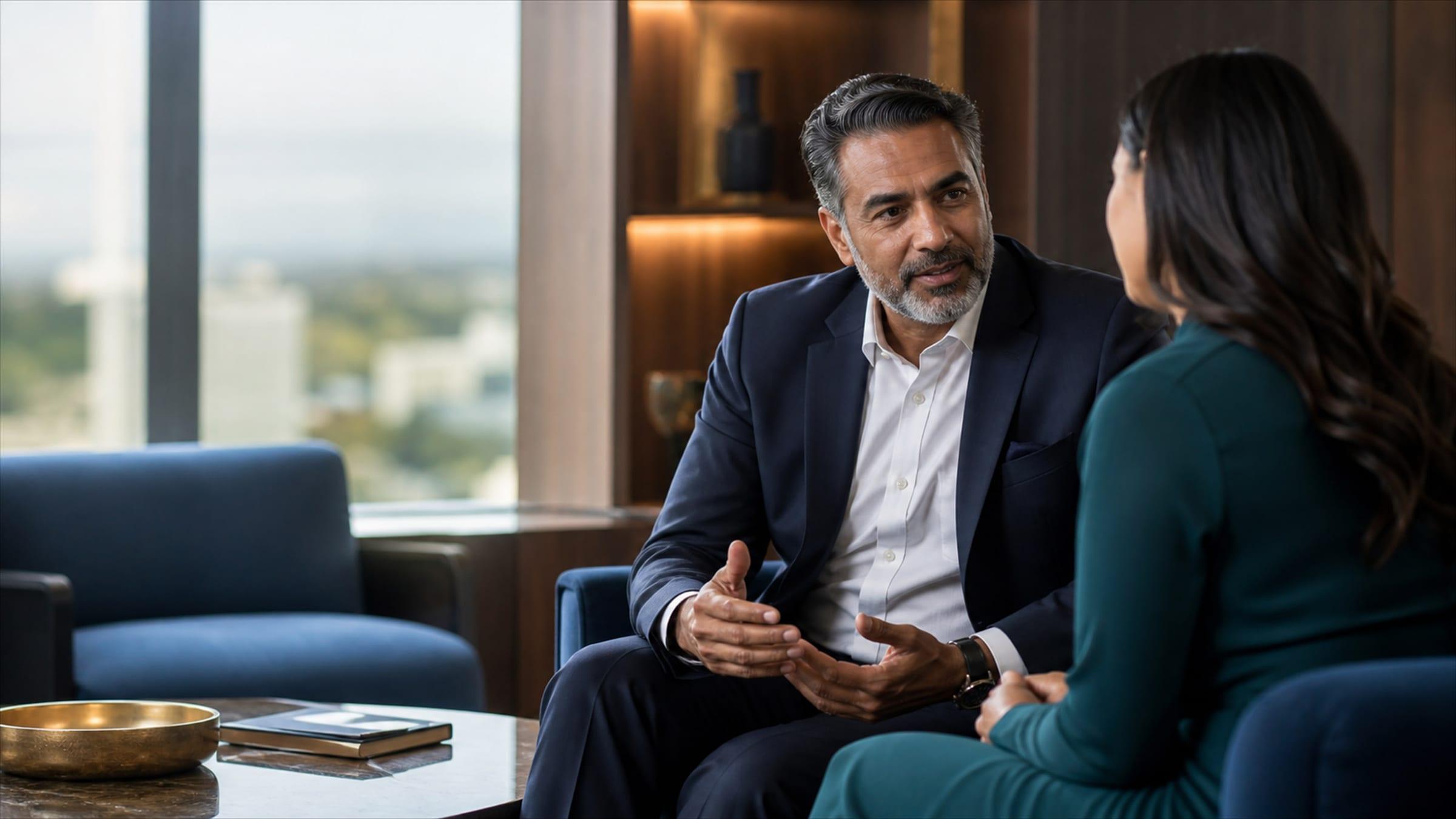 An executive in conversation with a colleague during a leadership coaching session