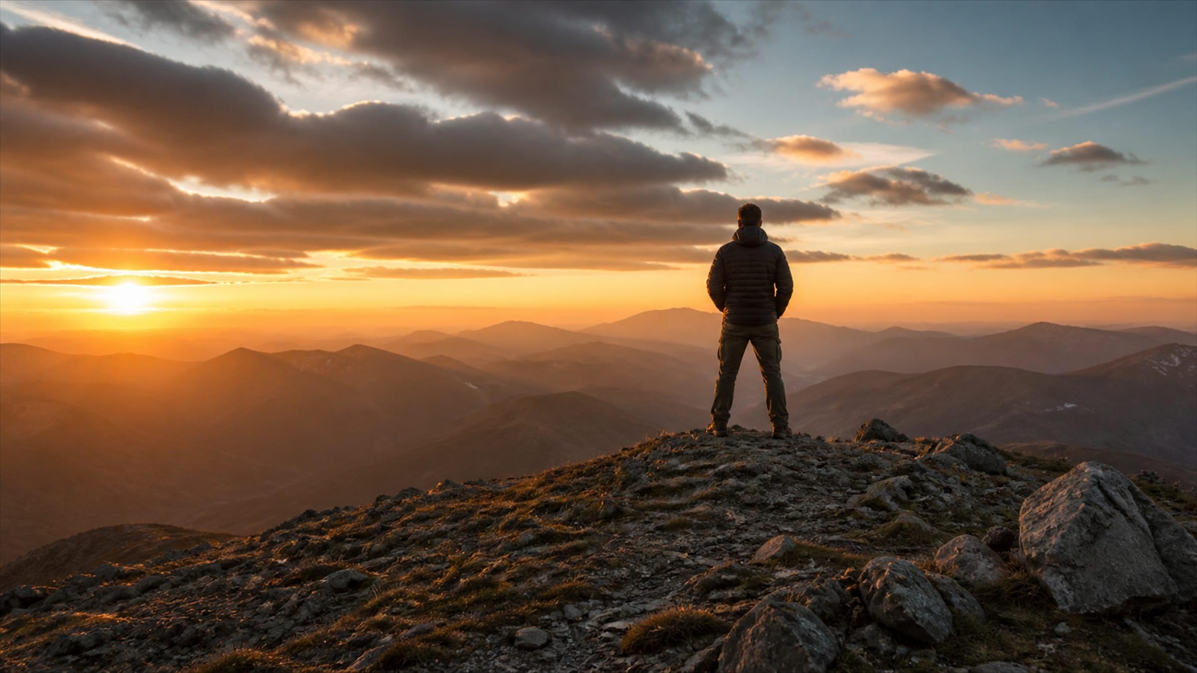 A hiker standing on a mountain summit looking out over the ridgeline at sunset